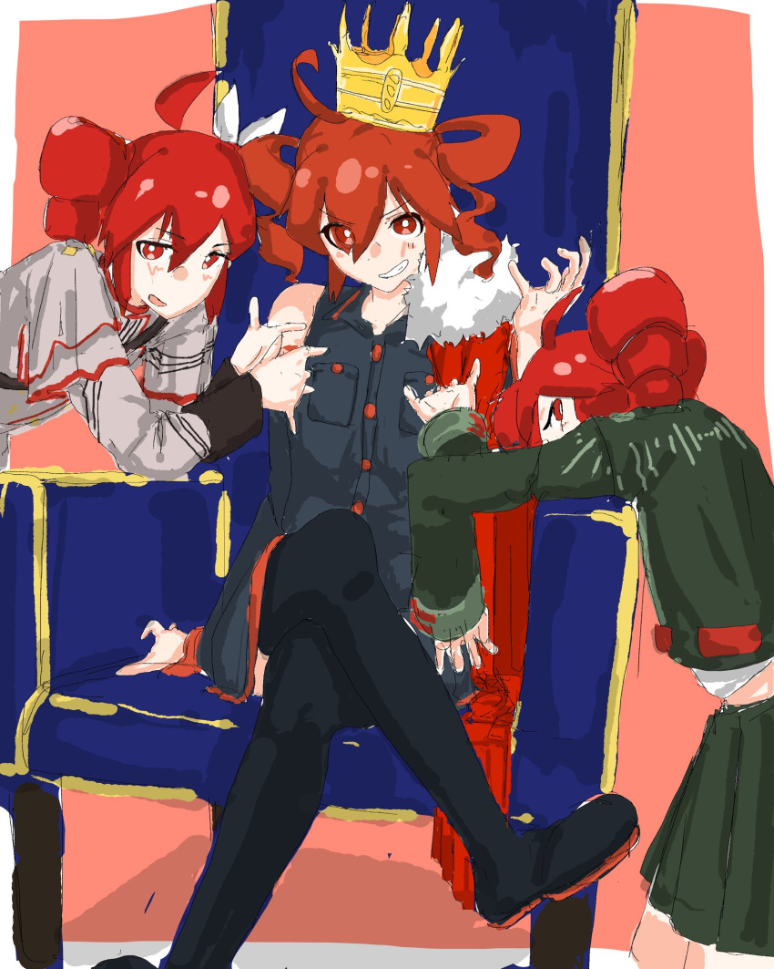 3girls, ahoge, black_shirt, black_shoes, black_skirt, black_thighhighs, blush, bright_pupils