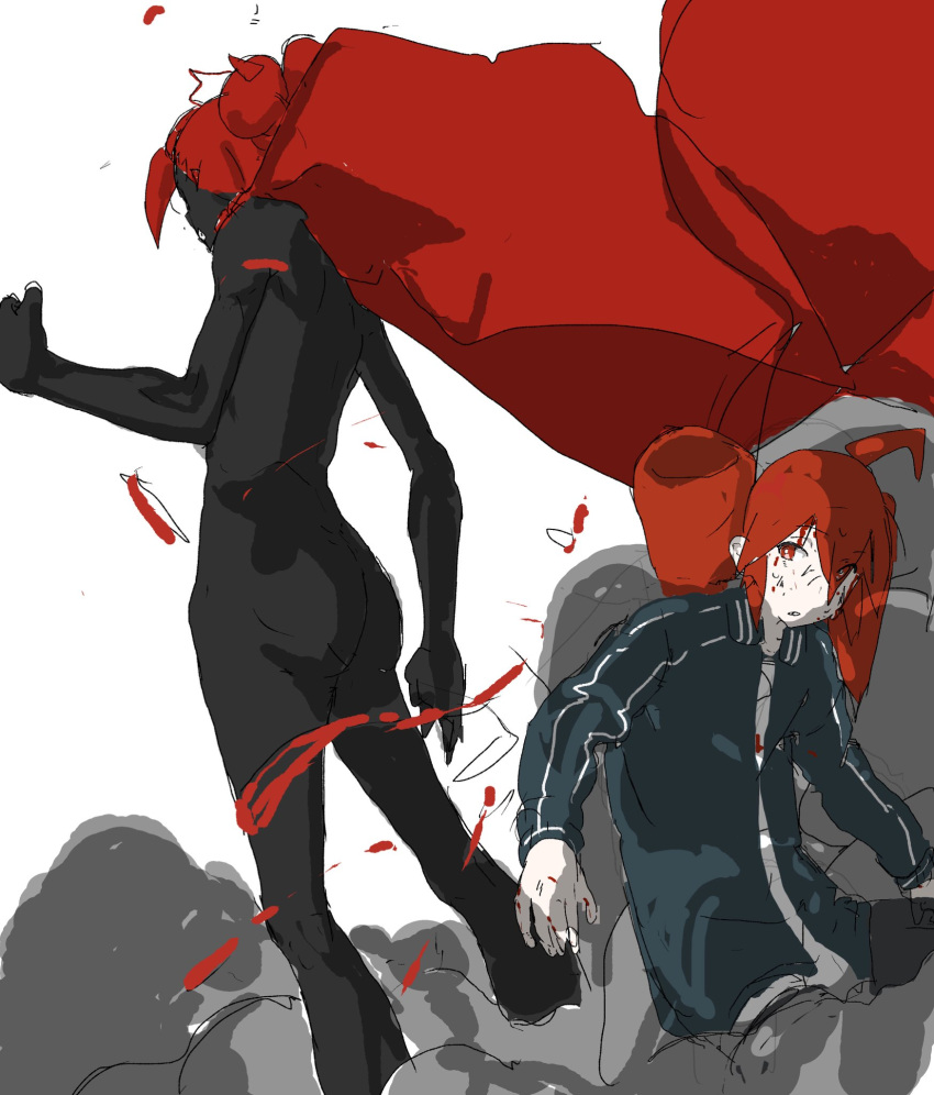 2girls, ahoge, behind_another, black_jacket, black_skin, bleeding, blood, blood_from_forehead