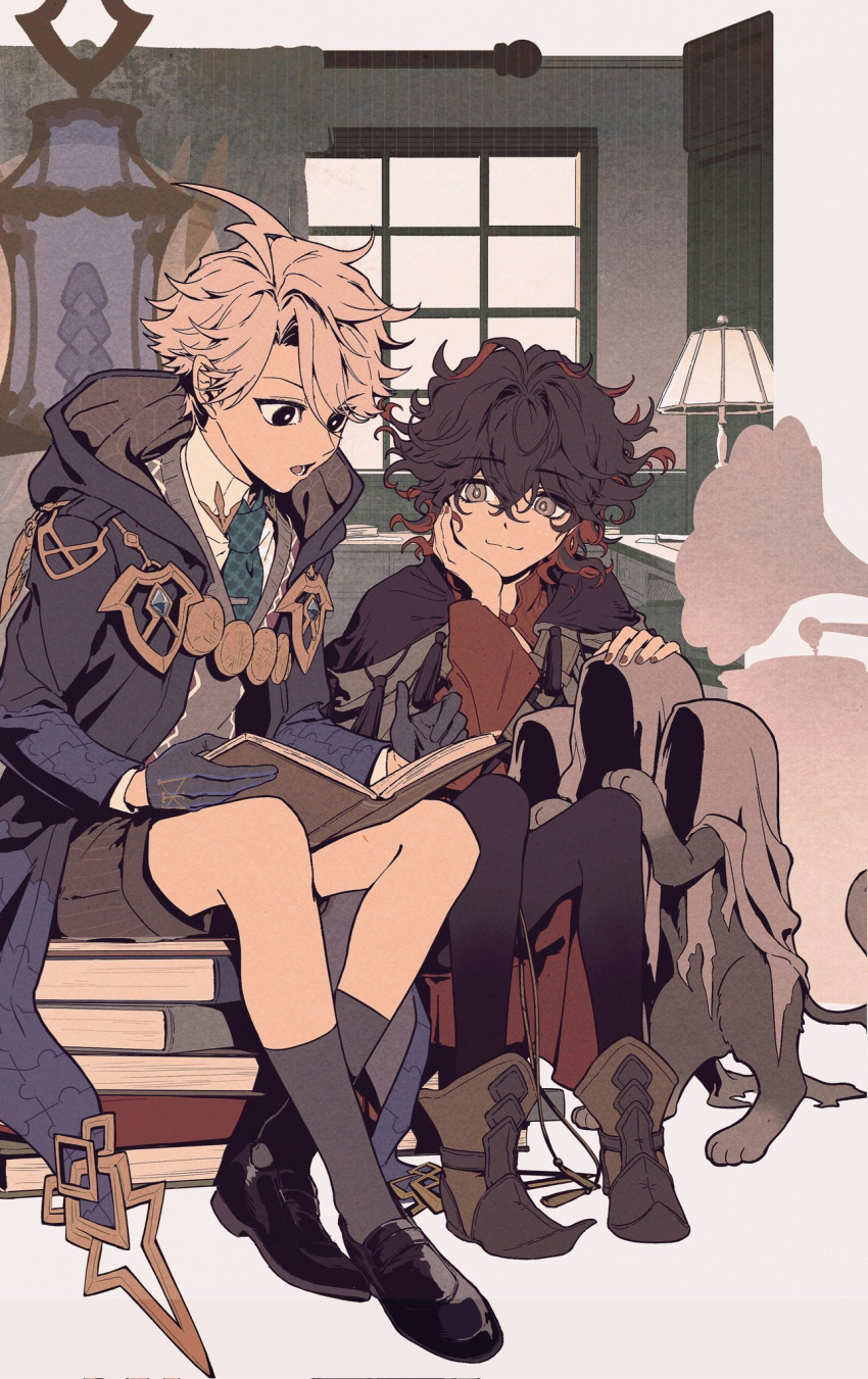 2boys, aged_down, ahoge, black_eyes, black_hair, cerberus, cloak, coat
