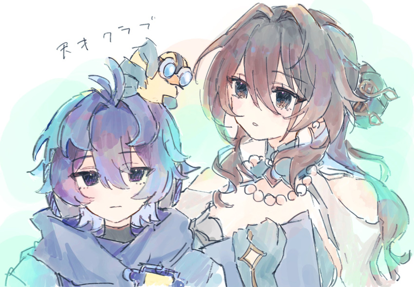 1boy, 1girl, antenna_hair, bare_shoulders, blue_hair, blue_scarf, brown_eyes, brown_hair