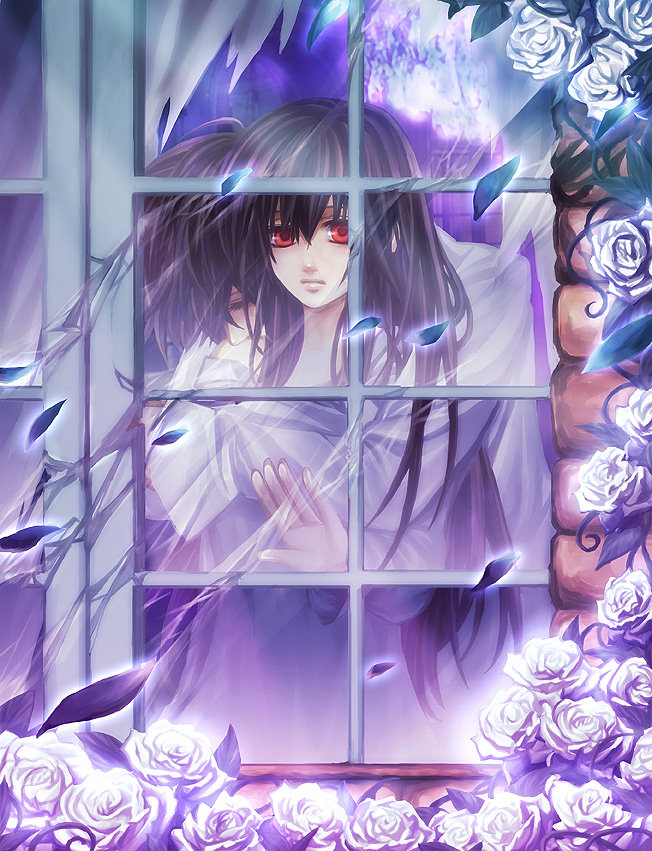 artist_request, black_hair, closed_eyes, couple, dress, duo, flower, hug, kuran_kaname, long_hair, petals, red_eyes, vampire, vampire_knight, white_flower, window, yuki_cross