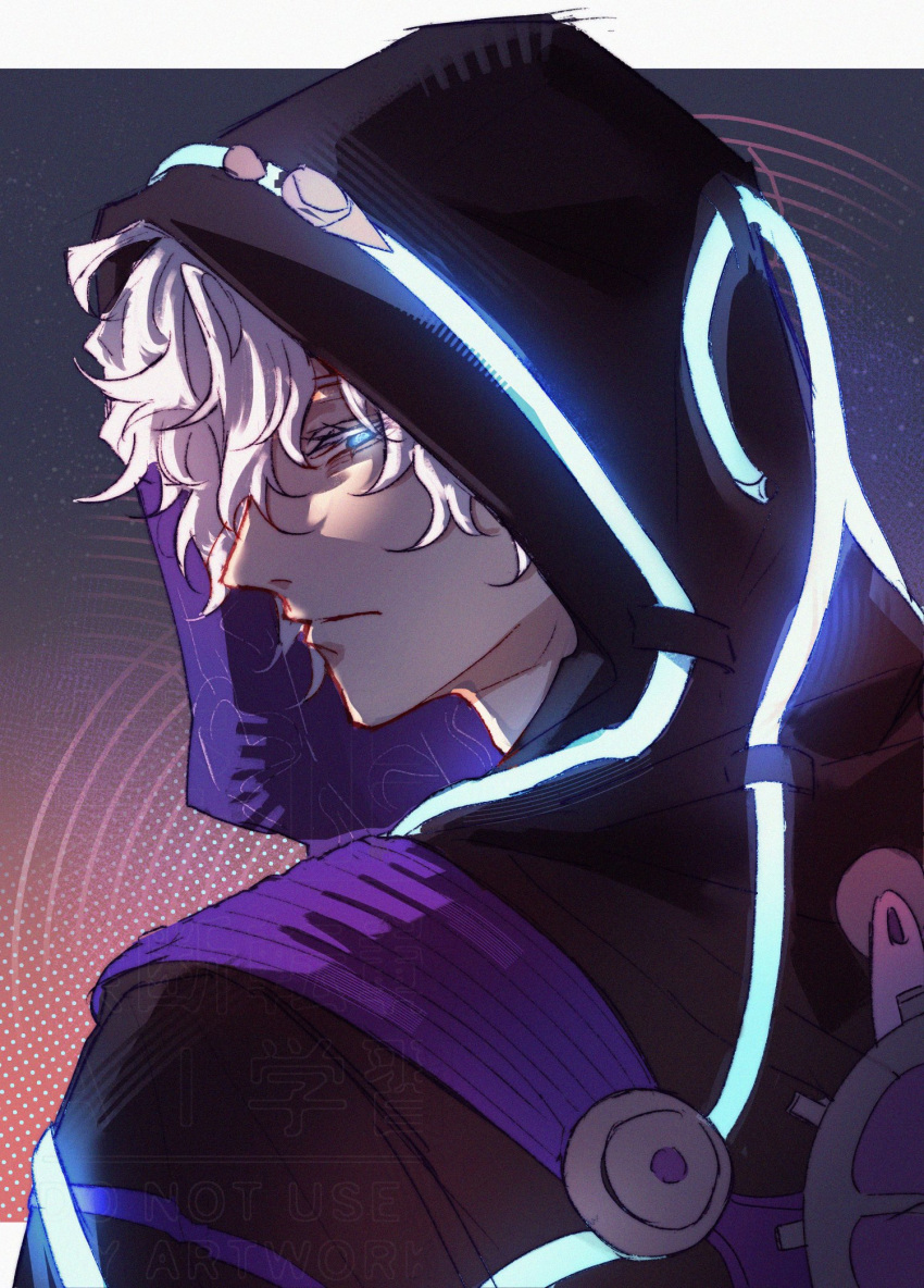 1boy, black_jacket, blue_eyes, closed_mouth, commentary, curly_hair, elio_(honkai:_star_rail), english_commentary, from_behind, from_side, glowing, glowing_eyes, gradient_background, highres, honkai:_star_rail, honkai_(series), hood, hood_up, jacket, looking_at_viewer, messy_hair, neon_lights, shaded_face, sky, solo, space, star_(sky), starry_sky, symbol-shaped_pupils, upper_body, white_hair, wokkie_here