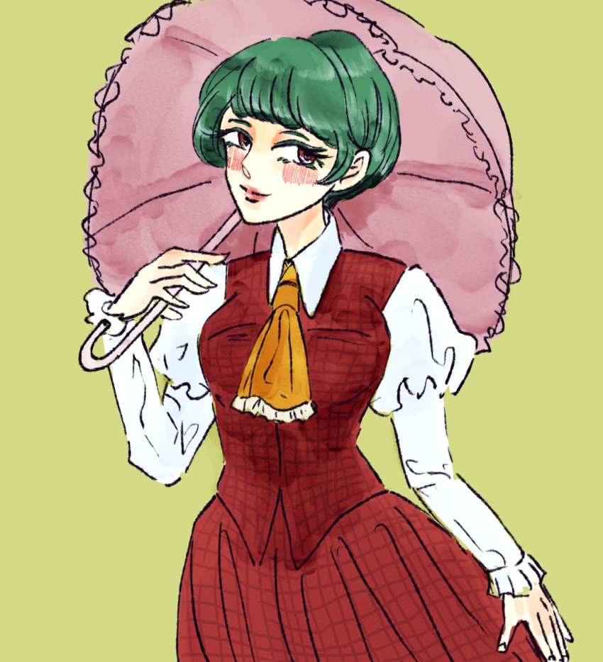 1girl, alternate_hairstyle, ascot, collared_shirt, commentary_request, dress, green_hair, highres