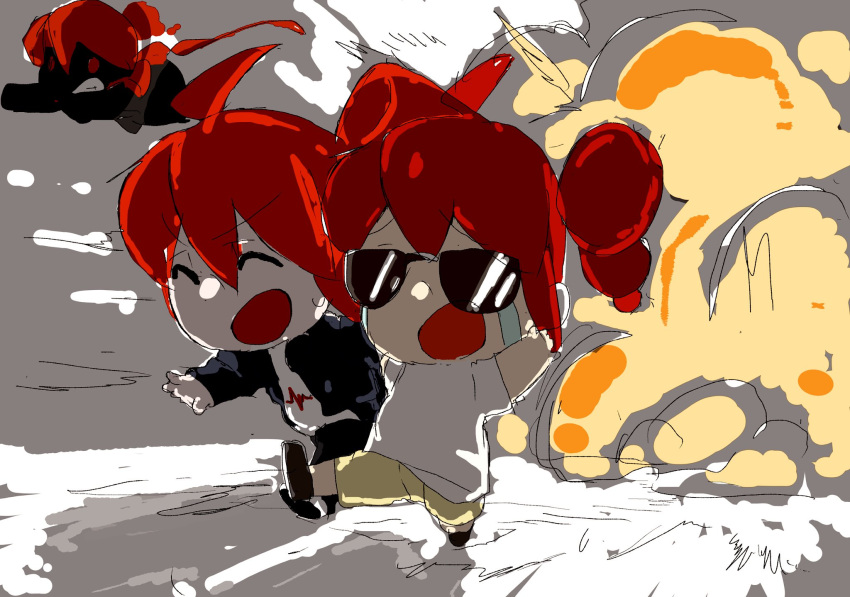 3girls, :d, ^_^, ahoge, black_jacket, black_sclera, black_shoes, black_skin
