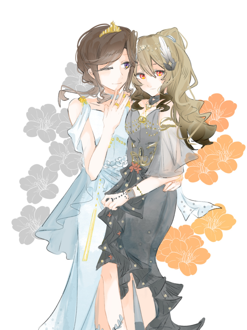 2girls, blonde_hair, brown_hair, butch/femme_couple, chest_jewel, chinese_commentary, commentary_request, couple