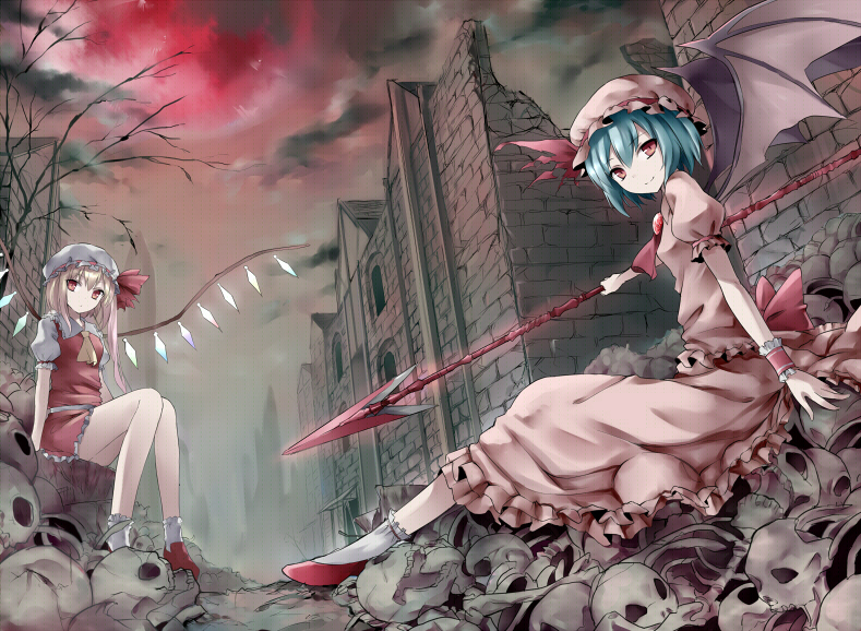 2girls, bon, flandre_scarlet, moon, post-apocalyptic, remilia_scarlet, ruins, sisters