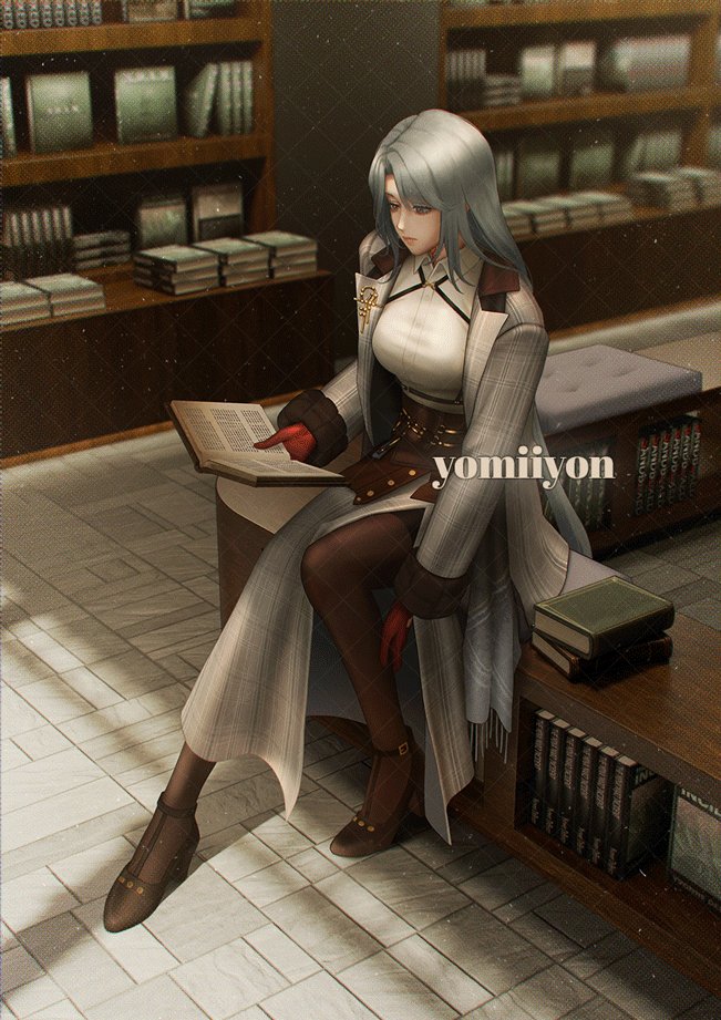 1girl, book, commentary, english_commentary, expressionless, from_above, full_body, gloves