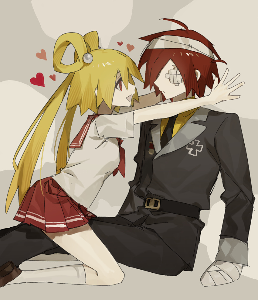 1boy, 1girl, :d, :o, anonymous1203, bandaged_hand, bandaged_head, bandages