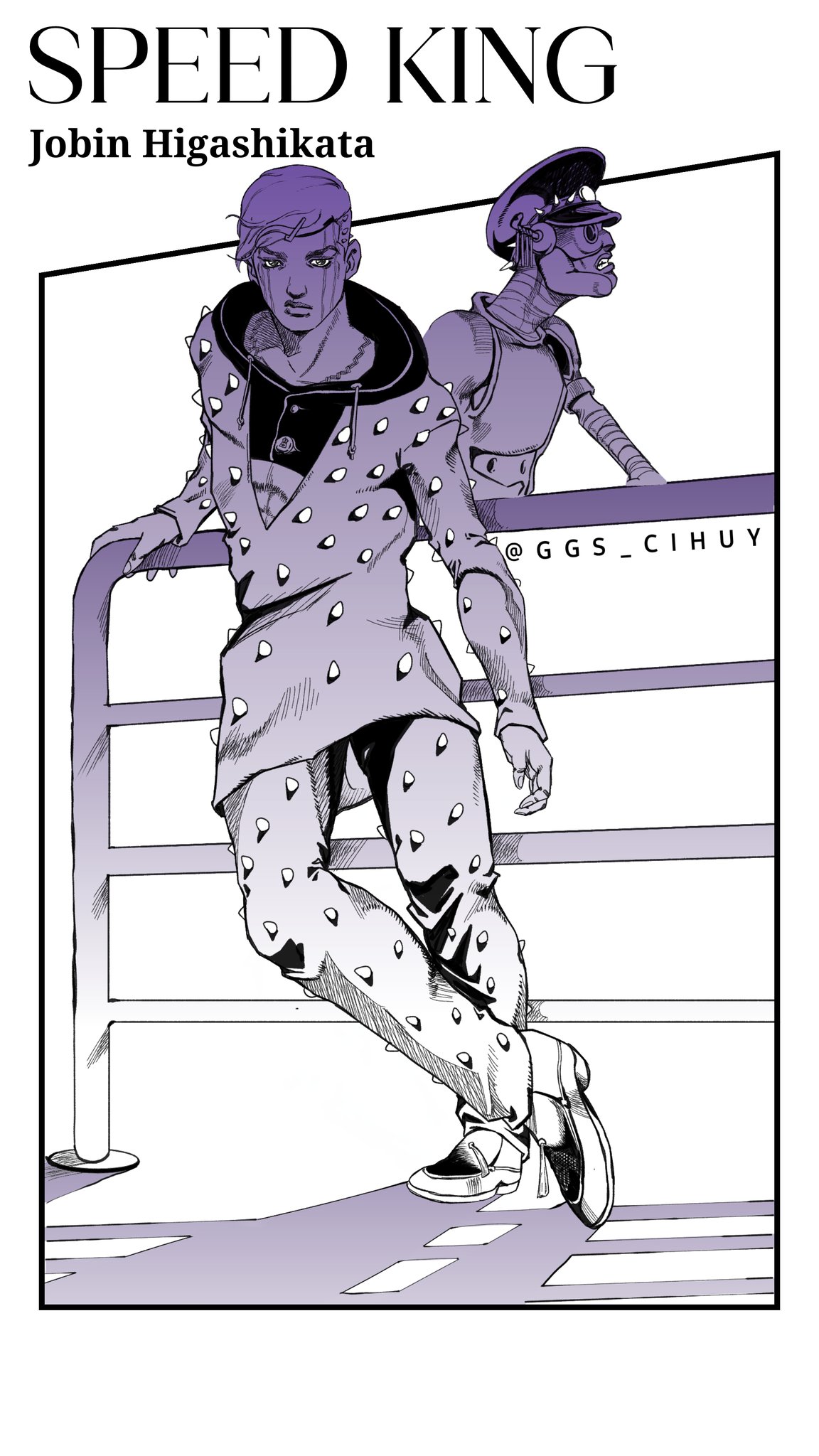 1boy, 1other, araki_hirohiko_(style), border, clouds, commentary, day, english_commentary