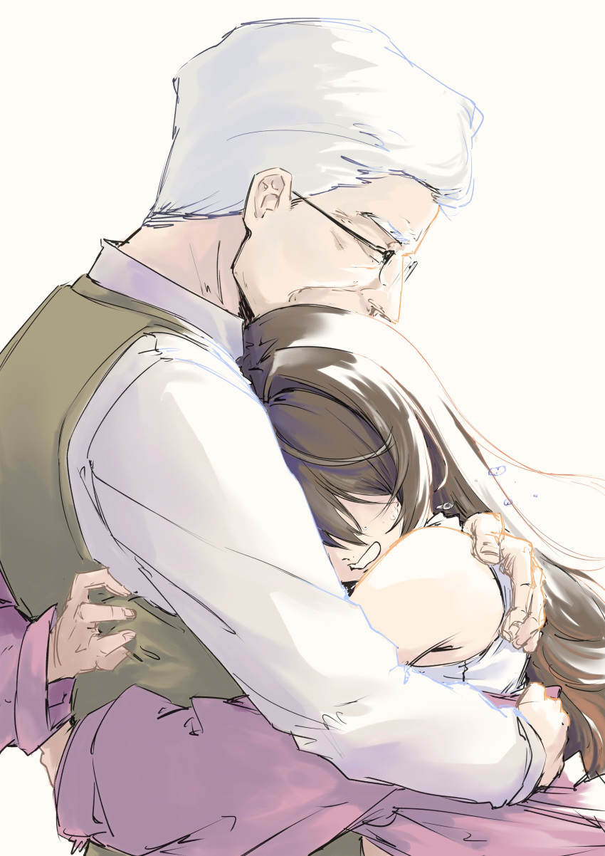 1boy, 1girl, absurdres, brown_hair, closed_eyes, commentary, crying, father_and_child