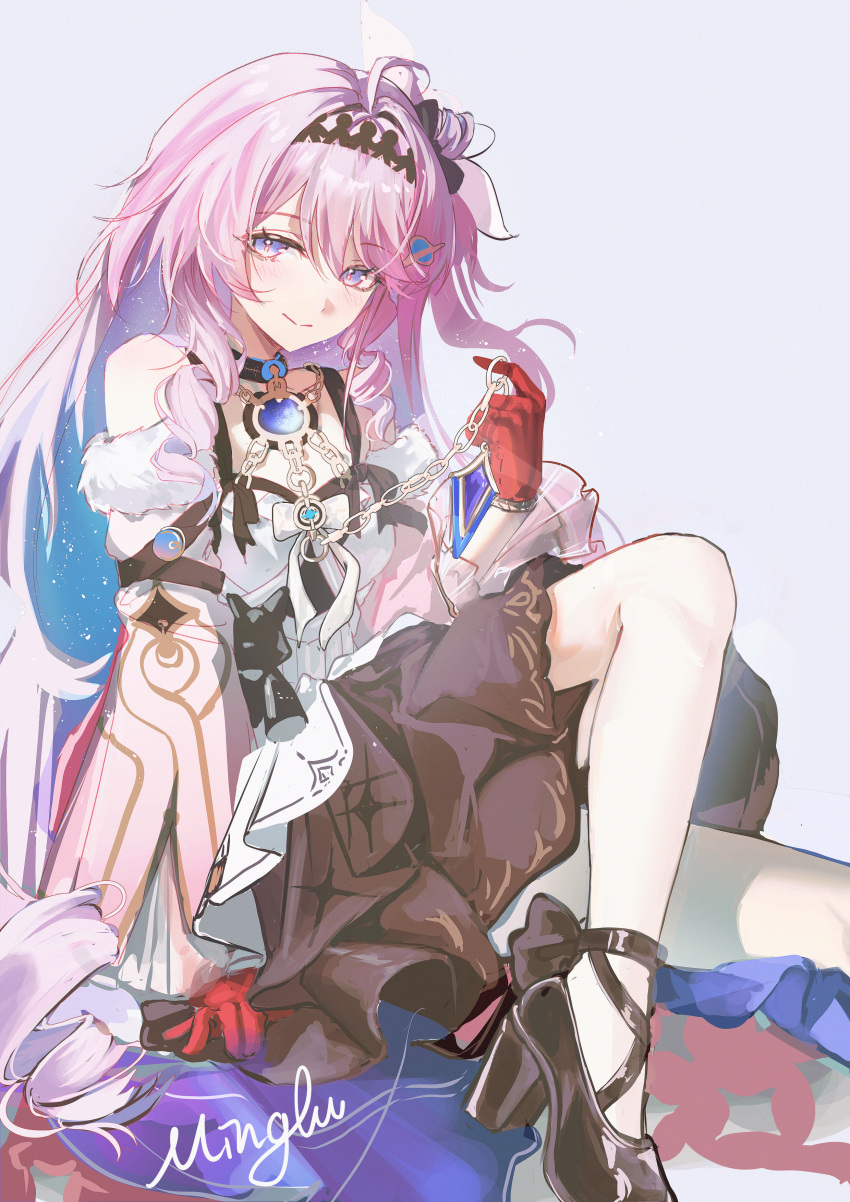 1girl, absurdres, ahoge, bare_shoulders, black_shoes, black_skirt, blue_background, blue_hair