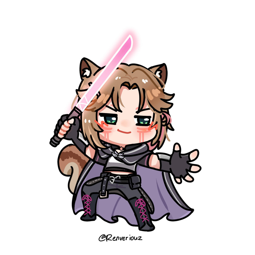 1girl, animal_ears, ayunda_risu, ayunda_risu_(dark_side), breasts, brown_hair, chibi, cloak, commentary, facepaint, green_eyes, highres, hololive, hololive_indonesia, long_hair, looking_at_viewer, multicolored_hair, renveriouz, smile, solo, squirrel_ears, squirrel_girl, squirrel_tail, sword, tail, untranslatable_commentary, virtual_youtuber, weapon