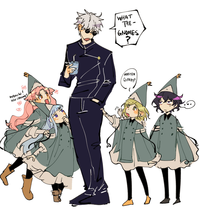 1boy, 349am, 4girls, absurdres, agott_arklaum_(tongari_boushi_no_atelier), black_hair, blue_eyes, blue_hair