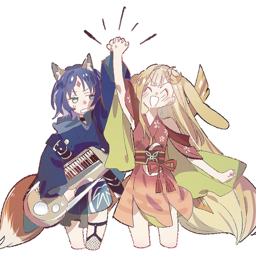 2girls, ^_^, animal_ears, bare_shoulders, black_hair, blonde_hair, blush, cho_kaguya-hime!