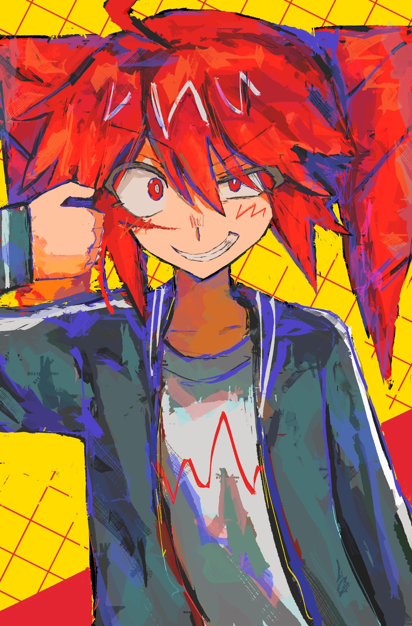 1girl, ahoge, black_jacket, blush, crazy_eyes, crazy_smile, drill_hair, hair_between_eyes