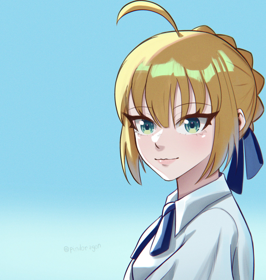 1girl, absurdres, artoria_pendragon_(fate), blonde_hair, blue_bow, blue_bowtie, blue_ribbon, blue_sky