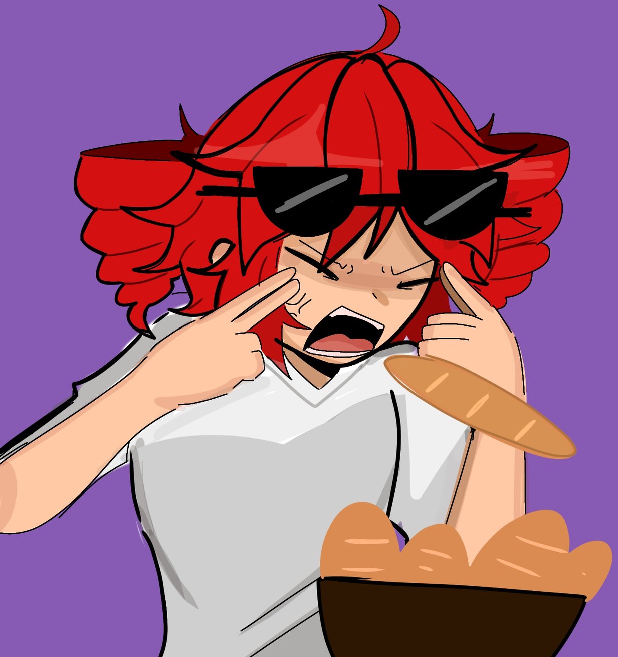 1girl, ahoge, anger_vein, baguette, bowl, bread, commentary, drill_hair, english_commentary, eyewear_on_head, food, highres, kasane_teto, liar_dancer_(synthesizer_v), man_levitating_pizza_(meme), medium_hair, meme, purple_background, red_hair, shaded_face, shirt, solo, sunglasses, telekinesis, tetotism, twin_drills, v-shaped_eyebrows, white_shirt