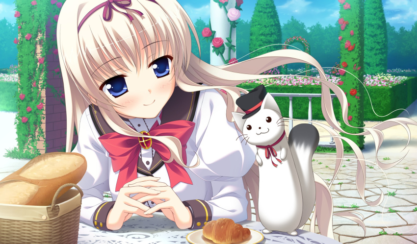 animal, blonde_hair, blue_eyes, cat, food, game_cg, kamiyaki_ruriko, princess_evangile