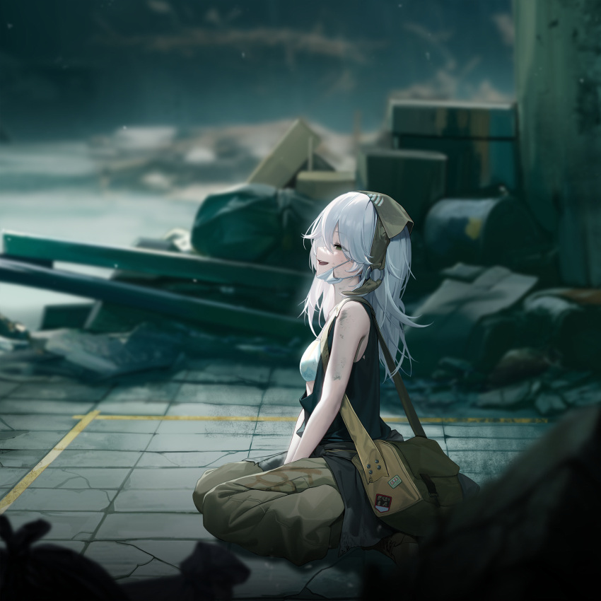 1girl, bag, baggy_pants, between_legs, blurry, blurry_background, game_cg, goddess_of_victory:_nikke