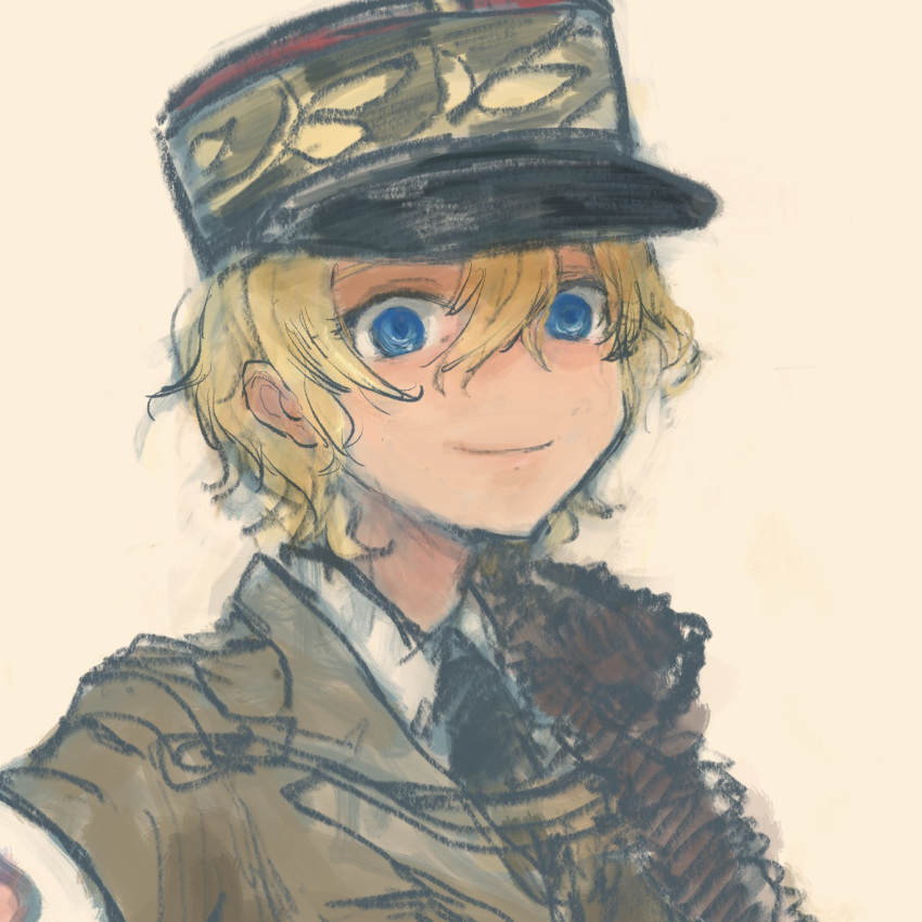 1girl, asparagus_(girls_und_panzer), black_capelet, black_hat, black_necktie, blonde_hair, blue_eyes, brown_jacket
