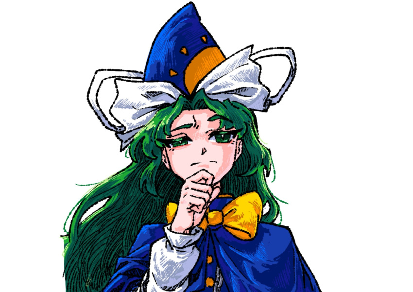 1girl, bow, capelet, commentary_request, dress, green_eyes, green_hair, hair_bow