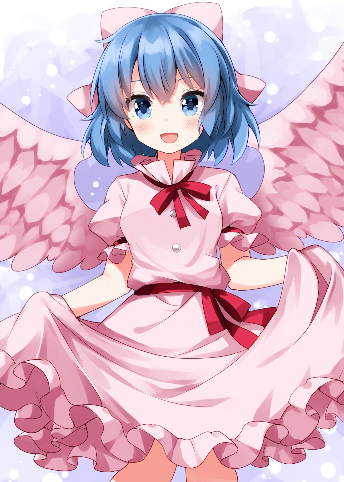 1girl, blue_eyes, blue_hair, blush, bow, breasts, commentary, cowboy_shot