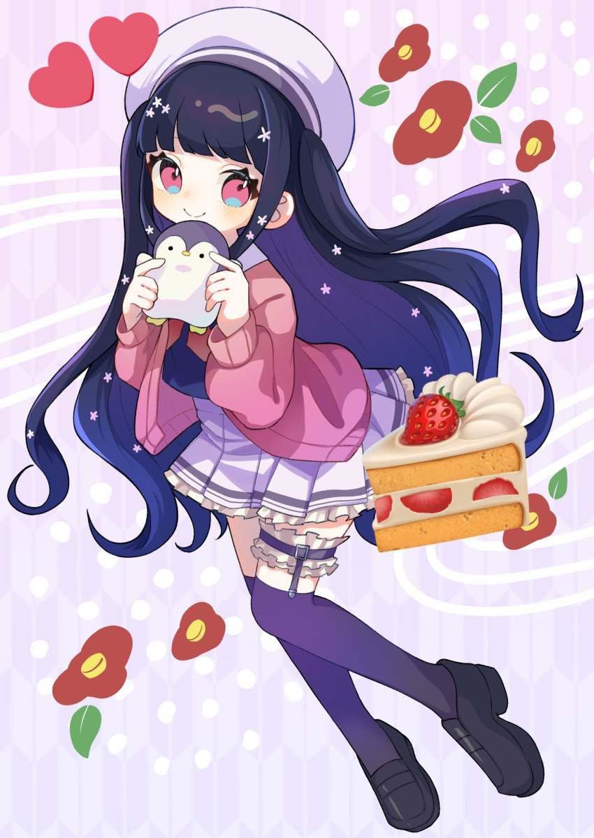 1girl, beret, black_hair, black_shoes, cardigan, closed_mouth, colored_inner_hair, commentary_request, emoji_inset, floating, frilled_thigh_strap, full_body, gradient_background, happy, hat, high-waist_skirt, highres, holding, holding_stuffed_toy, indie_virtual_youtuber, loafers, long_hair, looking_at_viewer, multicolored_hair, namari_tera_honoka, open_cardigan, open_clothes, petite, pink_cardigan, pink_eyes, purple_background, purple_hair, purple_thighhighs, second-party_source, shoes, shortcake_emoji, skirt, smile, solo, stuffed_animal, stuffed_penguin, stuffed_toy, thigh-highs, thigh_strap, two-handed, very_long_hair, waving_another's_arm, white_hat, white_skirt