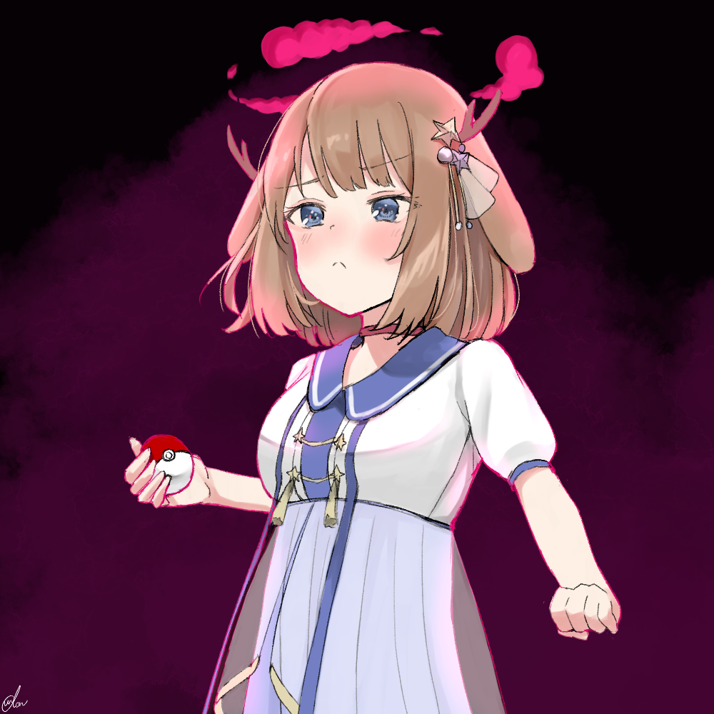 1girl, antlers, blue_collar, blue_eyes, blush, brown_hair, collar, commentary_request, dark_background, deer_antlers, dress, hair_ornament, holding, holding_poke_ball, horns, indie_utaite, kano_(utaite), pink_aura, pink_background, poke_ball, pokemon, pout, purple_skirt, red_ribbon, ribbon, sailor_dress, shirt, short_hair, skirt, solo, star_(symbol), star_hair_ornament, un_udooon, upper_body, utaite, white_shirt