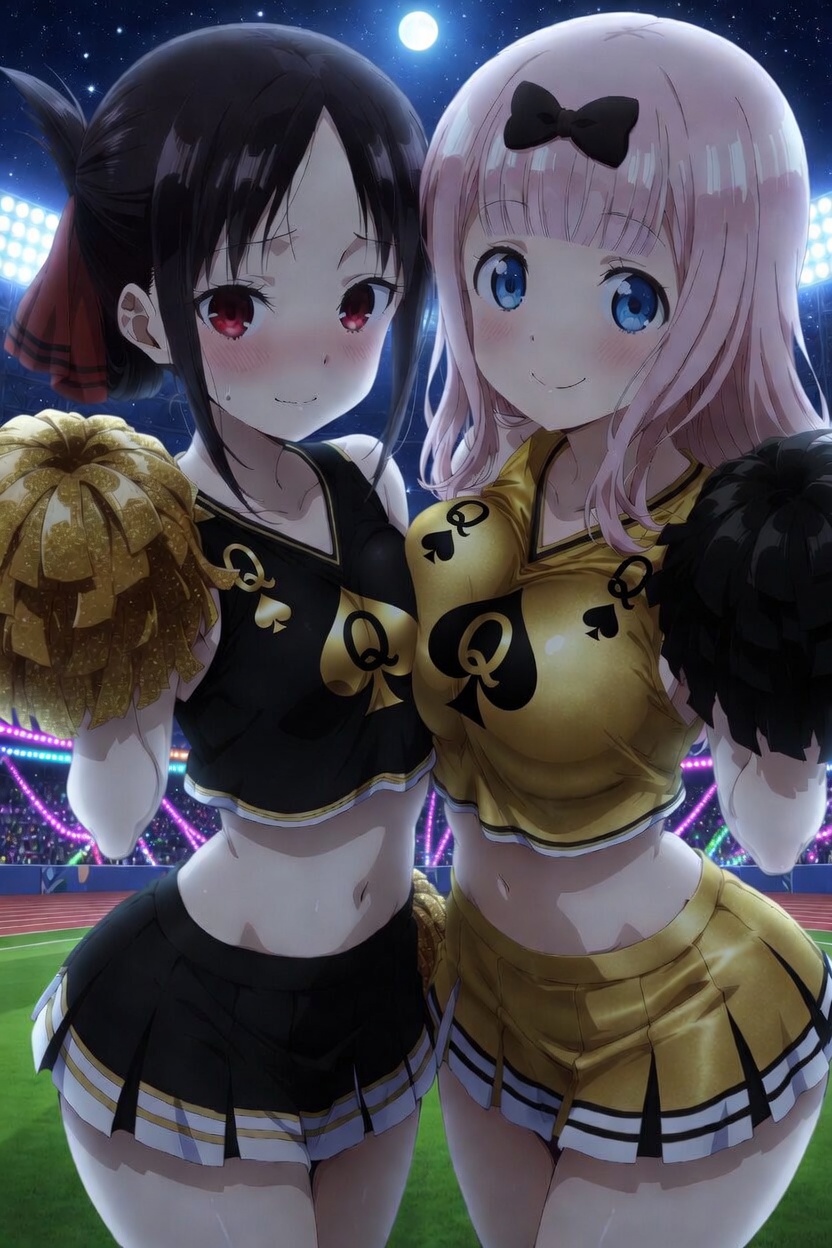 2_girls, asymmetrical_docking, big_breasts, black_hair, blacked_clothing, blue_eyes, breasts, cheerleader