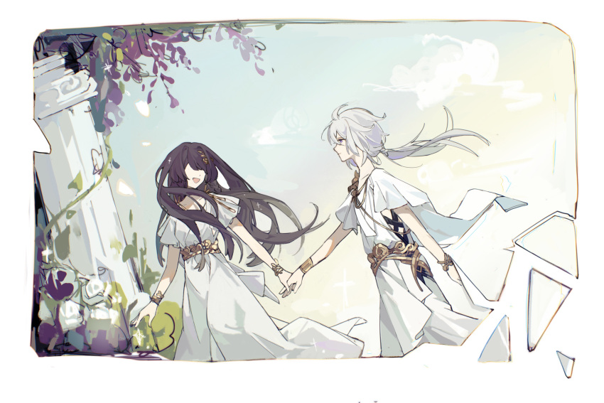 1boy, 1girl, :d, aged_down, ahoge, ancient_greek_clothes, belt, black_hair