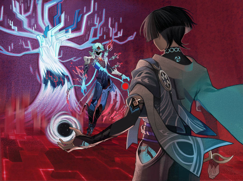 2boys, aqua_hair, armor, arms_at_sides, belt, black_belt, black_bridal_gauntlets, black_hair, black_shorts, black_skin, blue_cape, blue_sleeves, blunt_ends, bodysuit, bridal_gauntlets, cape, clenched_hand, closed_mouth, clothing_cutout, colored_skin, commentary, dottore_(genshin_impact), english_commentary, eye_mask, facing_another, furisode, genshin_impact, glowing_markings, gold_ring, highres, hip_vent, humanoid_robot, irminsul, japanese_armor, japanese_clothes, kimono, kote, kurokote, layered_sleeves, mask, middle_ring, mitsudomoe_(shape), multiple_boys, open_hands, orb, purple_rope, purple_sash, red_background, robot, robot_boy, rope, sash, scaramouche_(genshin_impact), short_sleeves, shorts, shoulder_armor, side_cape, spoilers, tomoe_(symbol), turtleneck, turtleneck_bodysuit, vortex, wanderer_(genshin_impact), white_kimono, white_mask, white_sleeves, white_trim, yourlocalwalnut