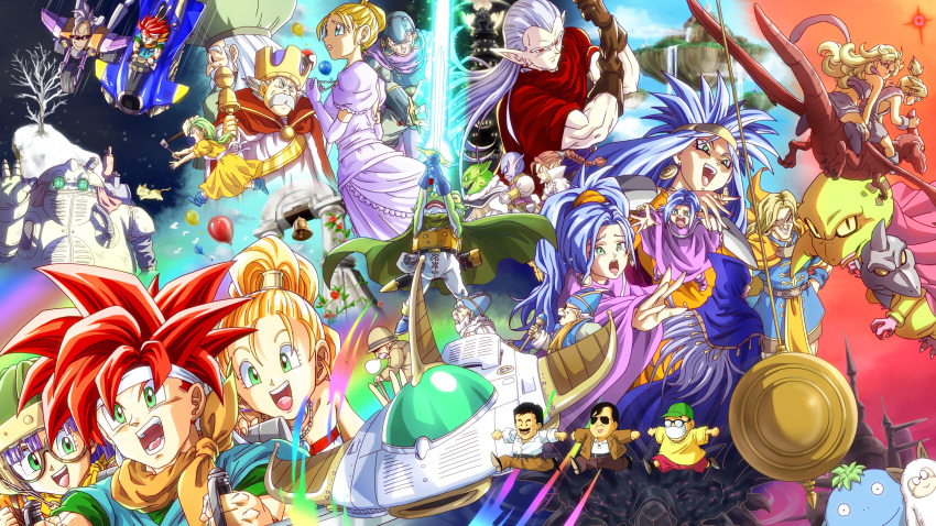 6+boys, 6+girls, absurdres, adjusting_clothes, adjusting_gloves, aqua_eyes, ayla_(chrono_trigger), azala