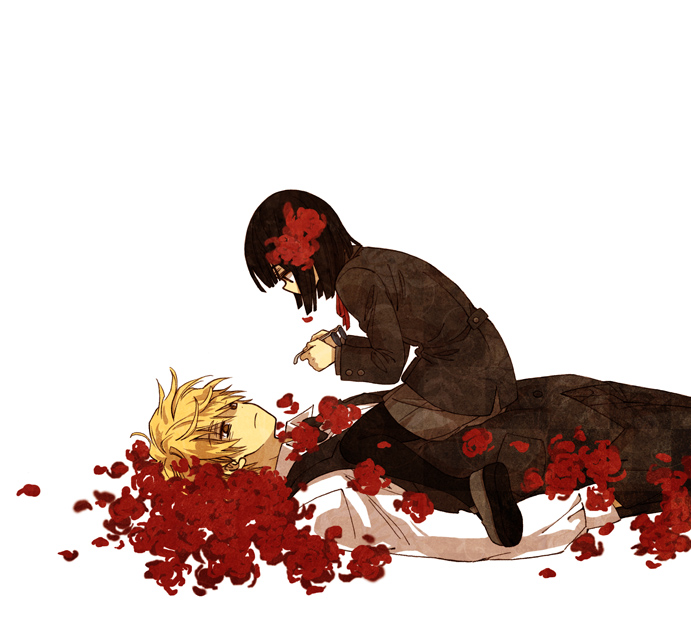 black_hair, blonde_hair, bowtie, durarara!!, flower, heiwajima_shizuo, karezel, pixiv