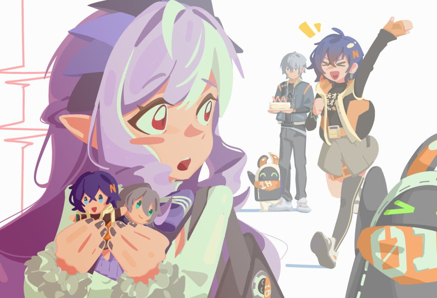 >_<, 1boy, 1girl, 2girls, 666hidemoonbird, arm_up, belle_(zenless_zone_zero), black_nails