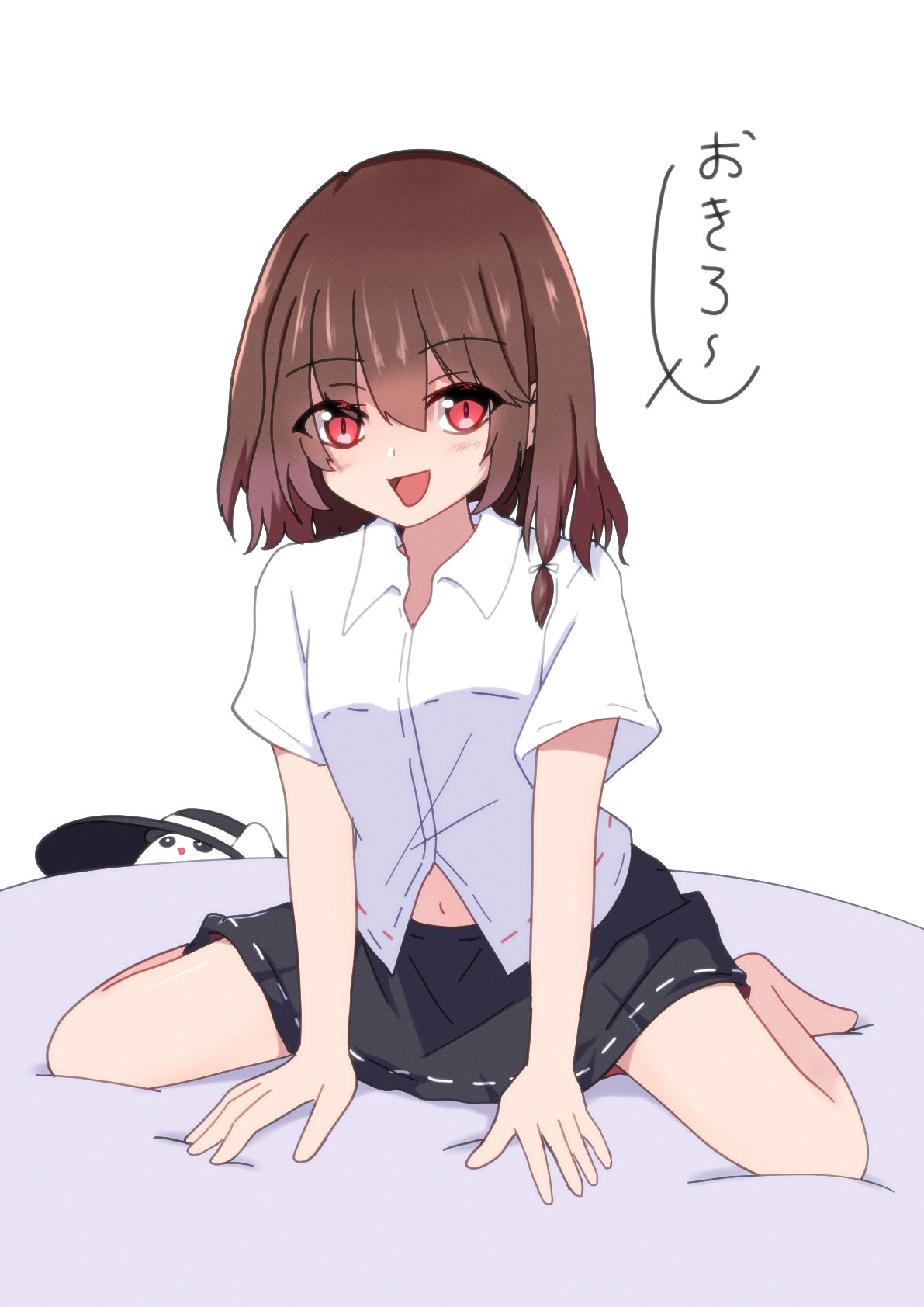 1girl, asymmetrical_sidelocks, black_hat, black_skirt, bone_vone, bow, brown_hair, collared_shirt