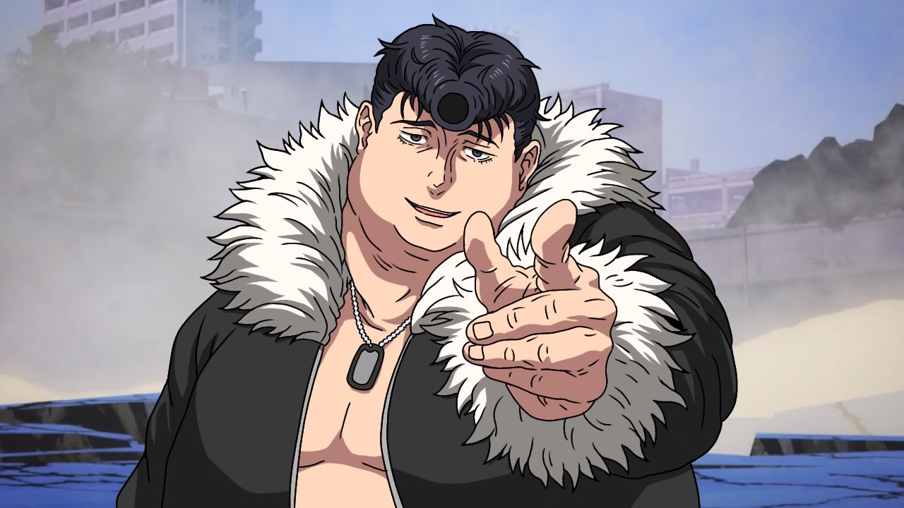 1boy, alternate_body_size, black_hair, black_jacket, commentary_request, dog_tags, fat, fur-trimmed_sleeves