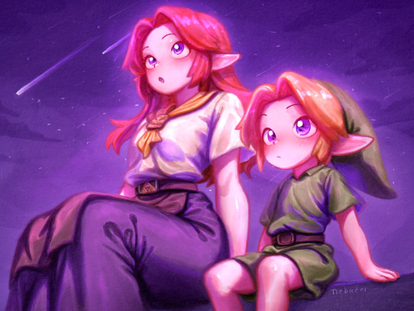 1boy, 1girl, :o, artist_name, belt, blonde_hair, closed_mouth, commentary
