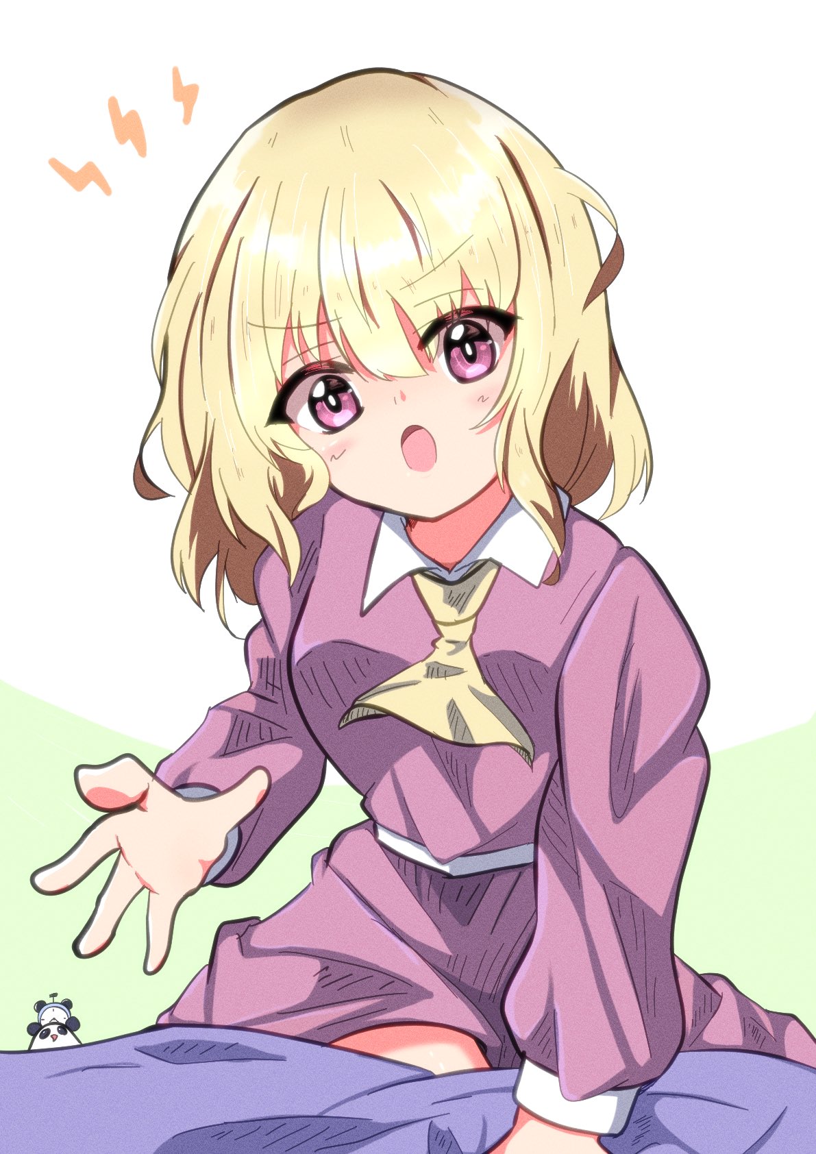 1girl, ascot, bad_anatomy, blanket, blonde_hair, blush, bone_vone, clock