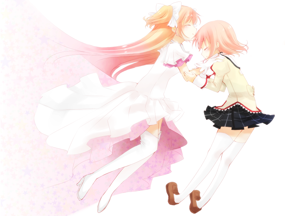 alternate_hairstyle, bow, dual_persona, forehead_kiss, gloves, goddess_madoka, hair_bow, hair_down