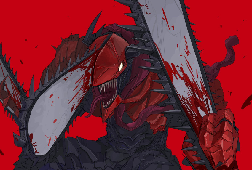 1boy, blood, blood_on_weapon, chainsaw, chainsaw_devil, chainsaw_man, commentary_request, demon, denji_(chainsaw_man), denji_man_(chainsaw_man), gigan_(gigan1024896), highres, long_tongue, male_focus, monster_boy, open_mouth, pochita_(chainsaw_man), red_background, sharp_teeth, simple_background, solo, teeth, tongue, tongue_out, weapon
