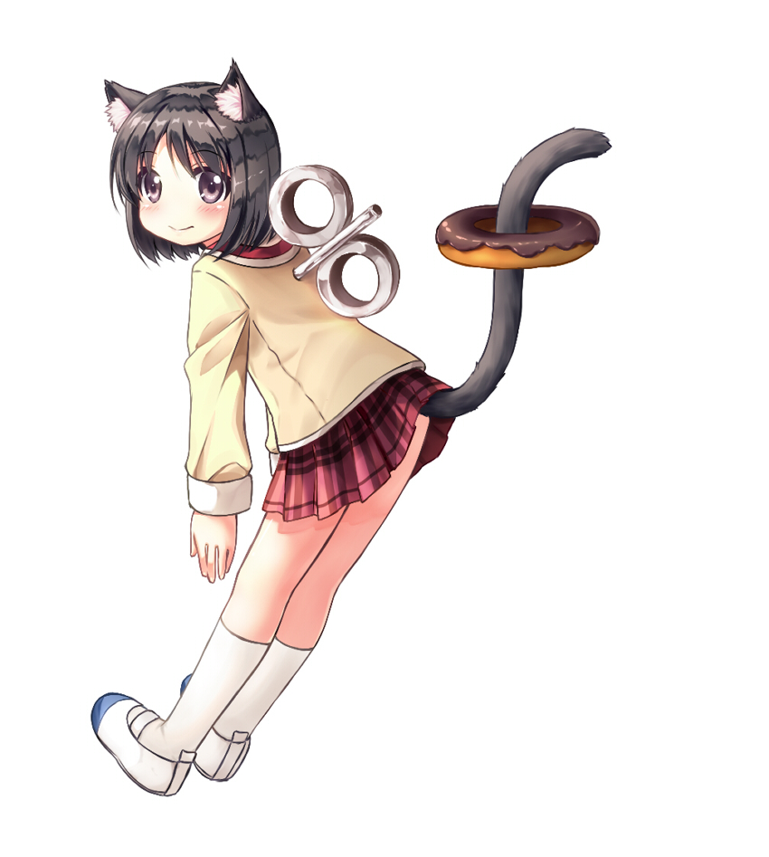 black_eyes, blush, cat_ears, cat_tail, doughnut, hyadain_no_joujou_yuujou, kemonomimi_mode, leaning_forward