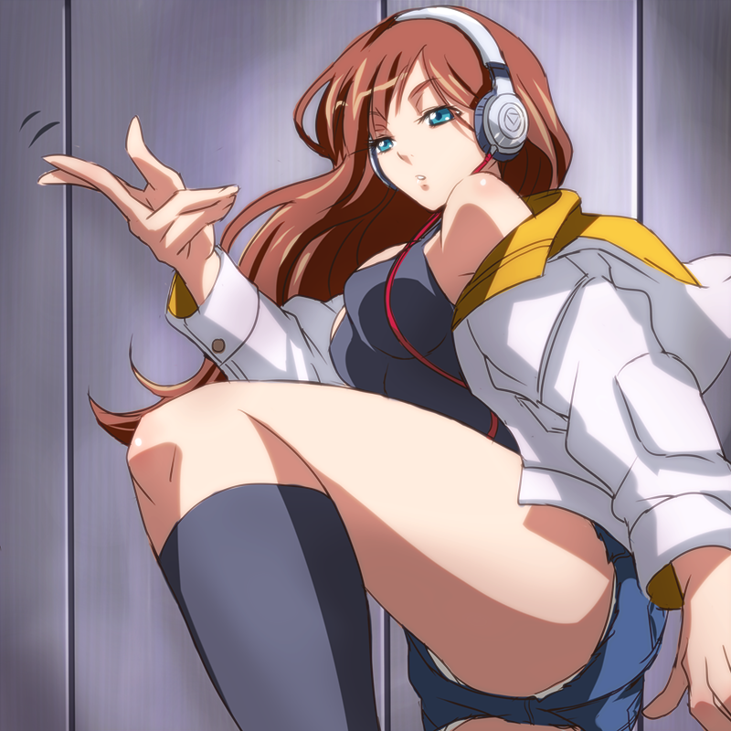 arakune_(sacred_seven), brown_hair, cutoffs, denim, denim_shorts, female, footwear, hand_gesture