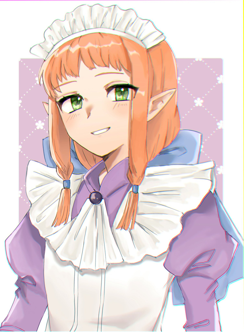 1girl, blue_bow, bow, cecilia_(rune_factory), commentary_request, green_eyes, hair_bow, highres, juliet_sleeves, long_hair, long_sleeves, maid, multiple_girls, orange_hair, pointy_ears, puffy_sleeves, ru-ru12, rune_factory, rune_factory_2, smile, solo