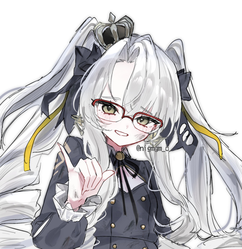 black_bow, black_bowtie, bow, bowtie, buttons, crown, dirty, dirty_clothes, dirty_face, double-breasted, drill_hair, eyelashes, frilled_sleeves, frills, goddess_of_victory:_nikke, hair_between_eyes, hair_ribbon, highres, long_hair, long_sleeves, mini_crown, nigmgm_o, parted_bangs, parted_lips, pinky_swear, princess_(nikke), ribbon, semi-rimless_eyewear, sidelocks, smile, twin_drills, twintails, twitter_username, white_background, white_hair, yellow_eyes