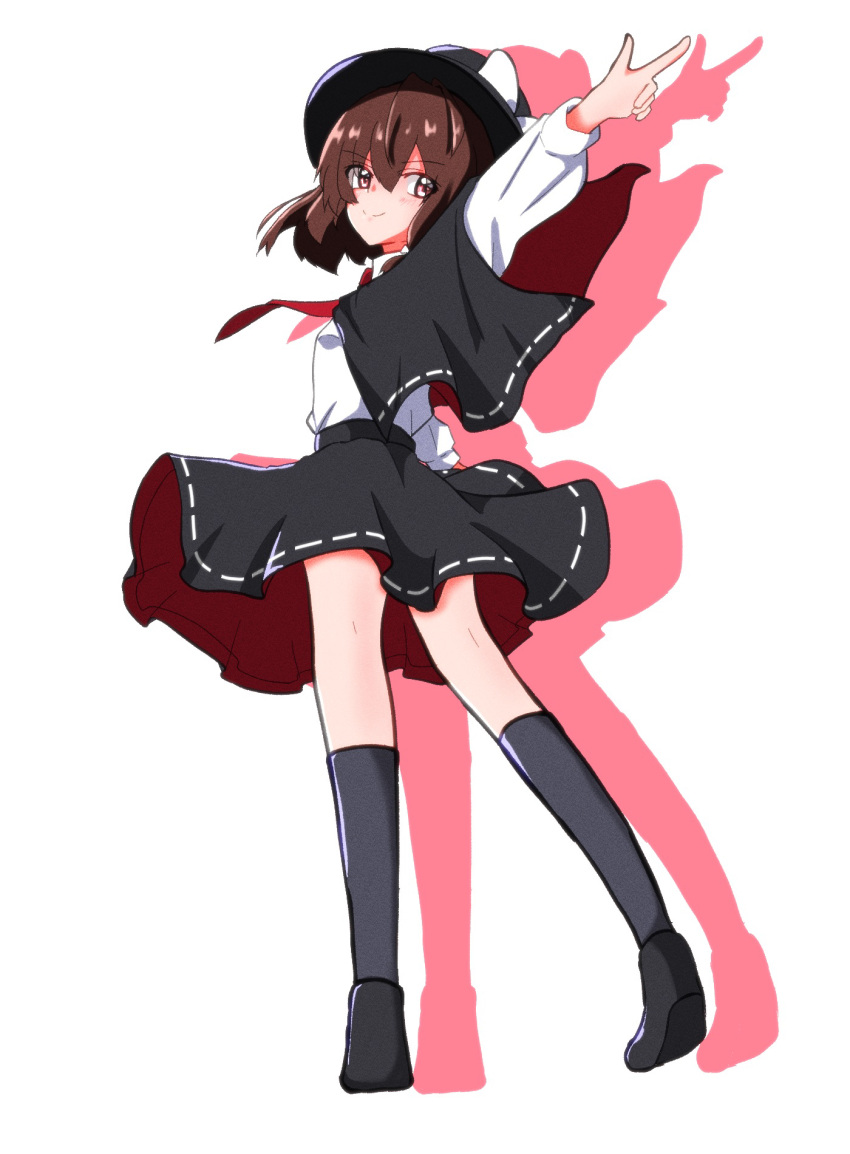 1girl, ankle_socks, asymmetrical_sidelocks, black_cape, black_hat, black_shoes, black_skirt, black_socks