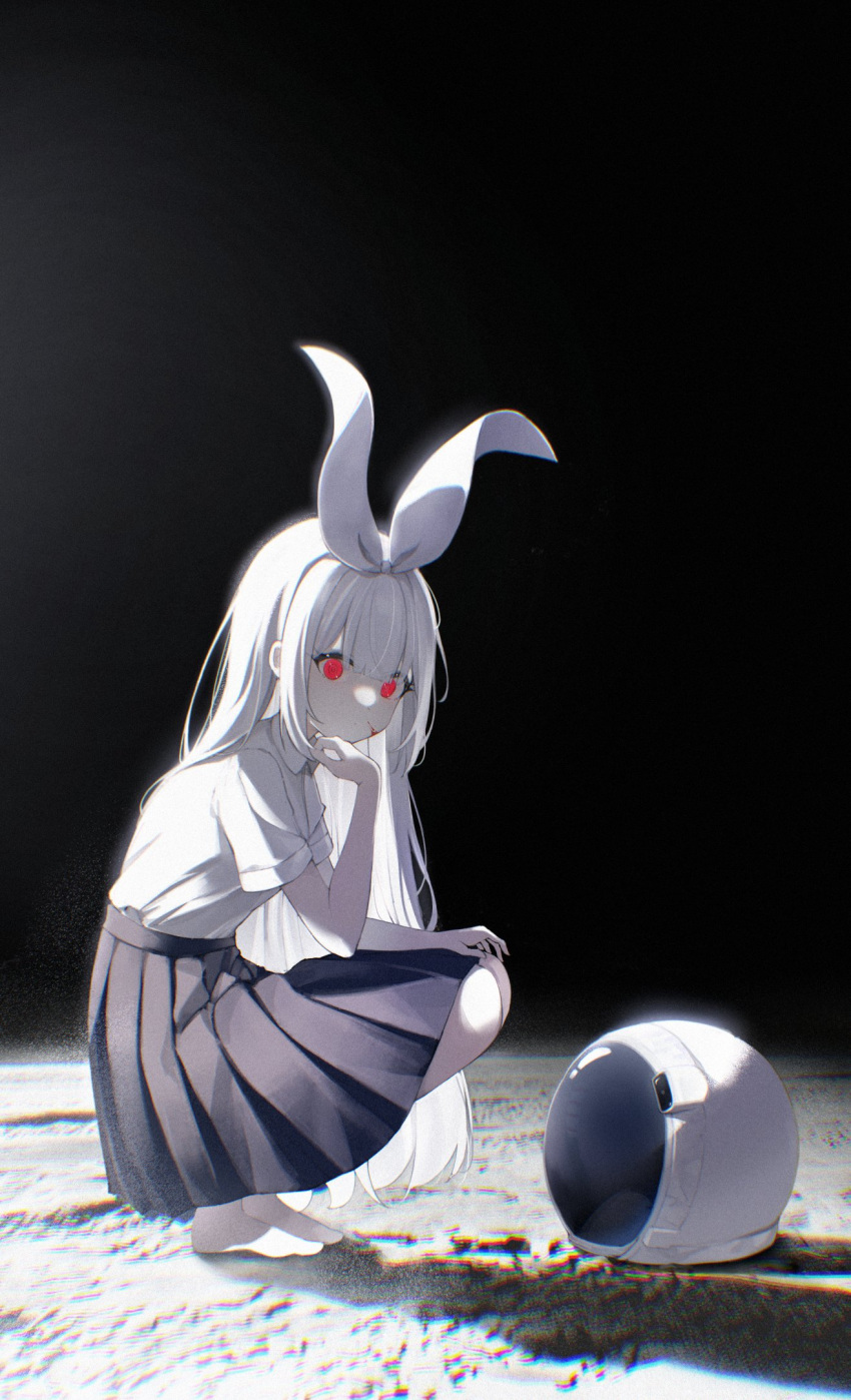 1girl, barefoot, black_skirt, blood, blood_on_face, bow, chromatic_aberration, clover_dot_(clov_erd)