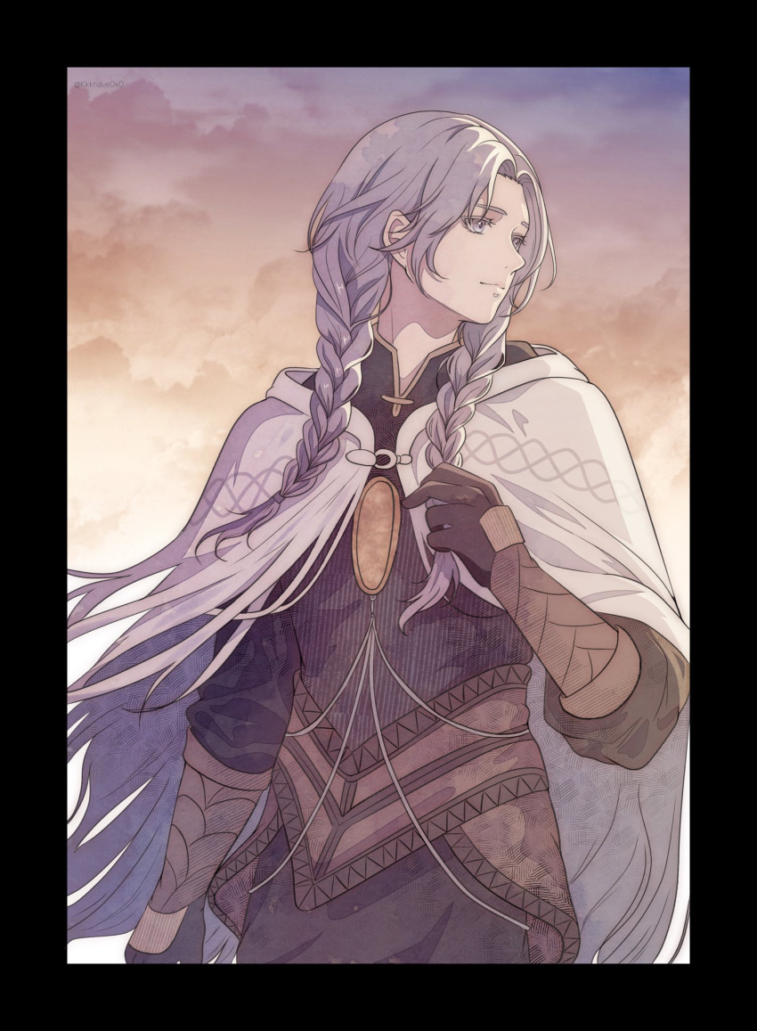 1boy, bishounen, black_background, black_shirt, braid, cape, closed_mouth, commentary_request