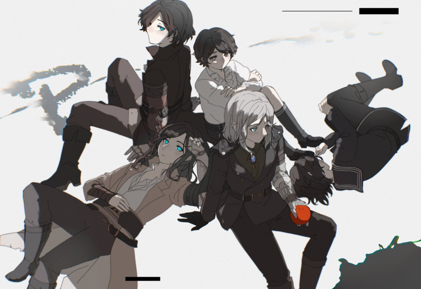 5boys, apple, belt, black_boots, black_hair, black_pants, blue_eyes, boots, brown_coat, carlo_(lies_of_p), coat, commentary, english_commentary, food, fruit, grey_hair, highres, hnw5a, lies_of_p, long_hair, looking_at_viewer, lying, mechanical_arms, multiple_boys, multiple_persona, official_alternate_costume, official_alternate_hair_color, on_back, on_side, pants, pinocchio_(lies_of_p), prosthesis, prosthetic_arm, sailor_collar, sailor_shirt, shirt, short_hair, single_mechanical_arm, sitting, white_background, white_shirt