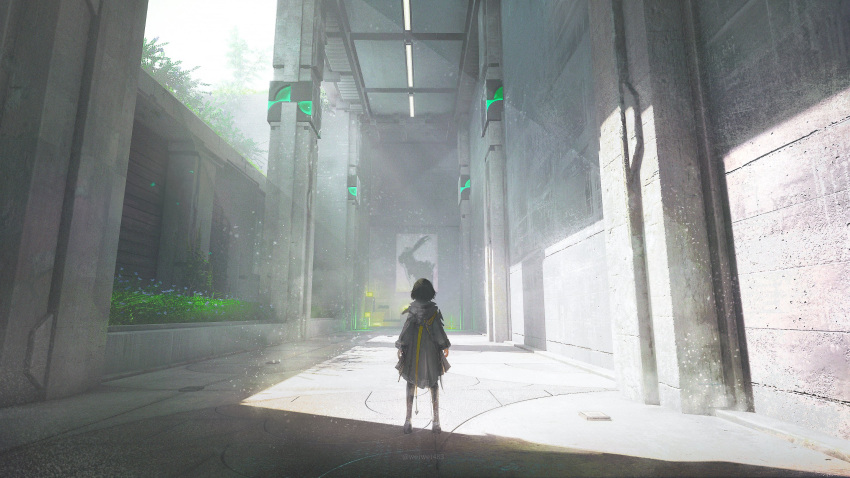 1girl, arknights, arknights:_endfield, black_coat, black_hair, black_pantyhose, coat, commentary, crack_of_light, day, endministrator_(arknights), female_endministrator_(arknights), from_behind, full_body, grass, highres, light_particles, long-ear_(arknights), long_sleeves, outdoors, pantyhose, scenery, science_fiction, short_hair, solo, standing, untranslatable_commentary, weiwei483, wide_shot