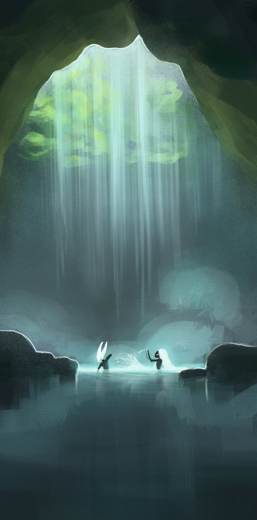 2girls, absurdres, arthropod_girl, black_skin, boopie, cave, colored_skin, commentary